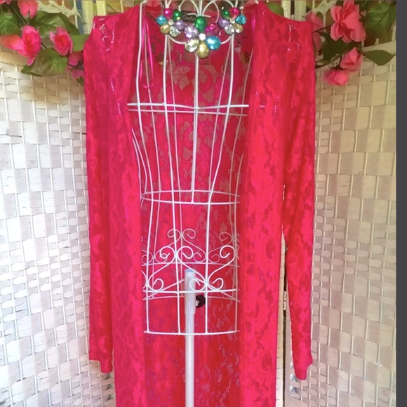 Bebo Fuchsia Pink Lace Kimono Duster Cover up Long Cardigan M / L   NWOT - Picture 6 of 12